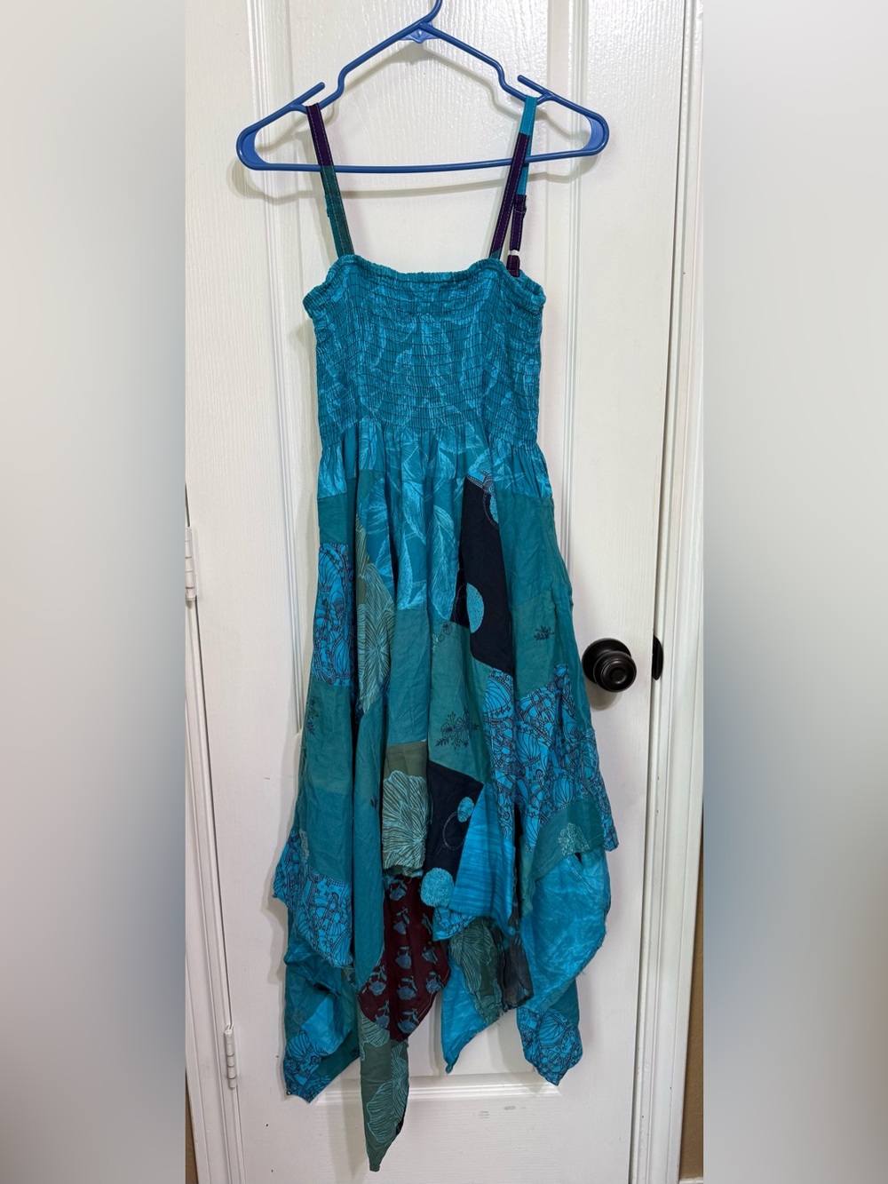 H70 New etc Free Size pp12-22 Teal Patchwork Handkerchief Hem Casual Sundress